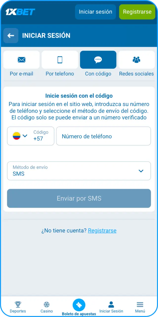 Inicia sesión o crea tu cuenta en la App de 1xbet para iOS.