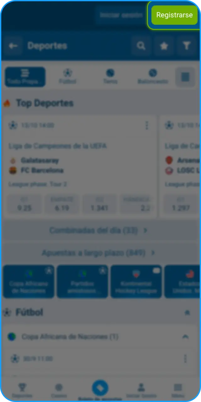 Toca el botón de registro en la App de 1xbet y crea tu perfil.