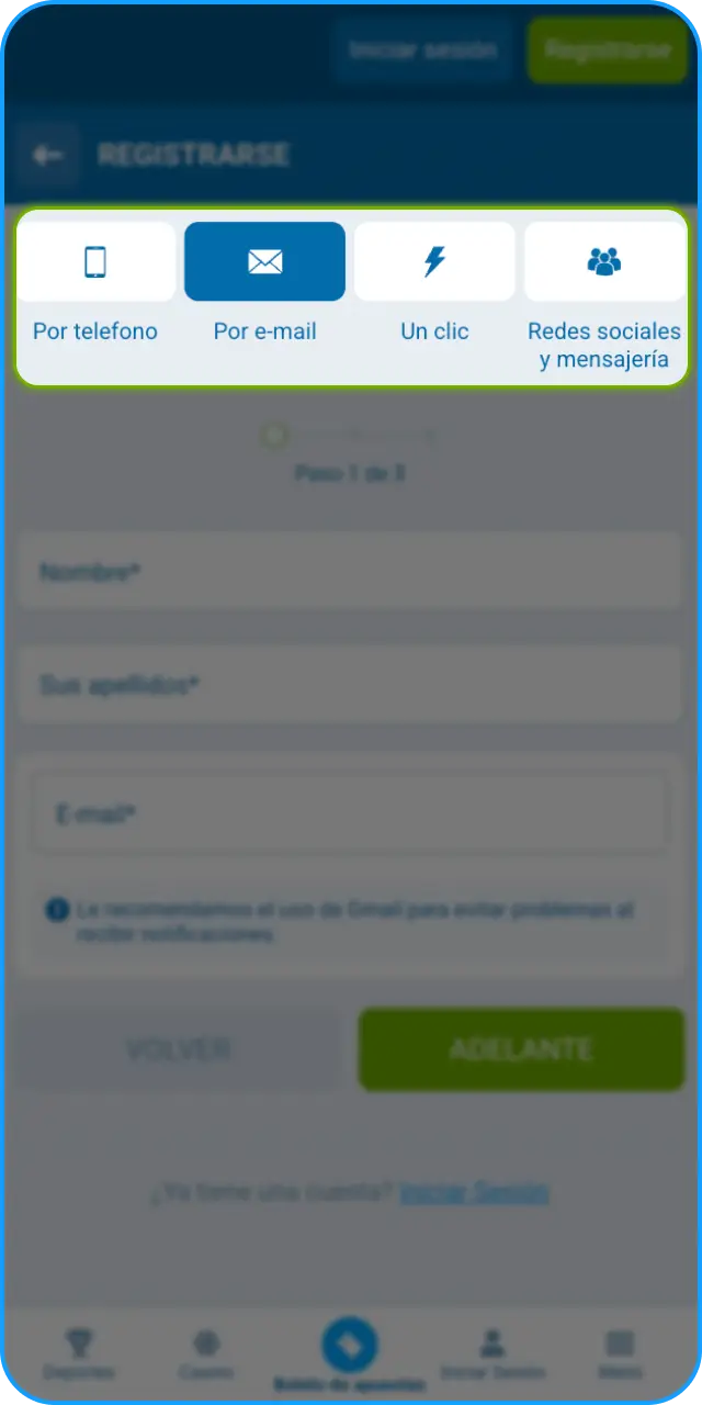 Elige el método de registro en 1xbet que prefieras para empezar.
